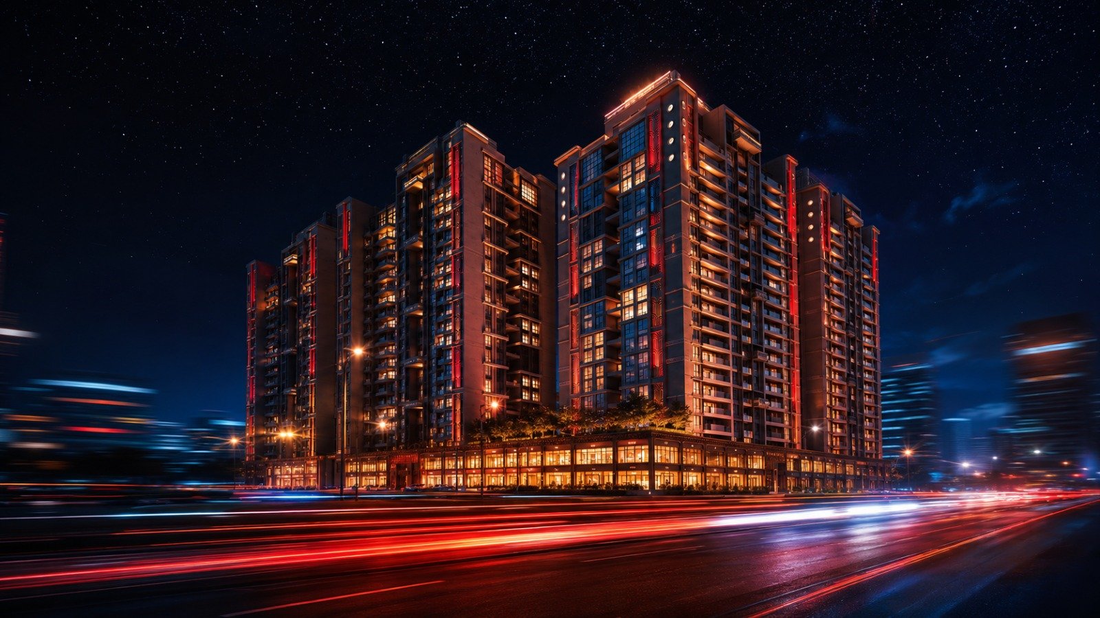 The Universe by Venus — night facade, Nehru Nagar, Ahmedabad